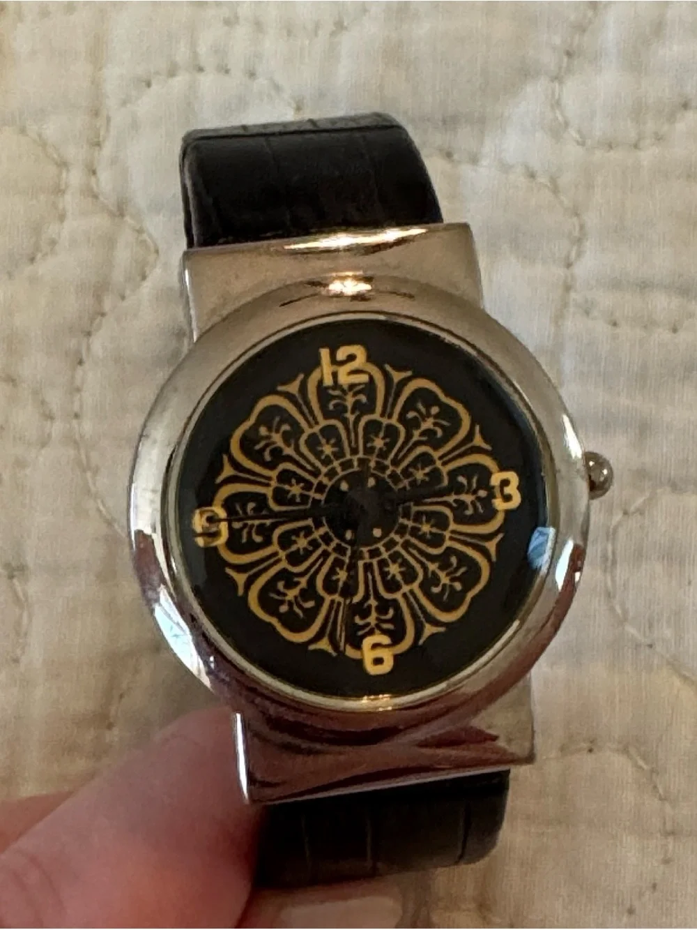 Chicos Black and Silver Decorative Dial black Strap Watch